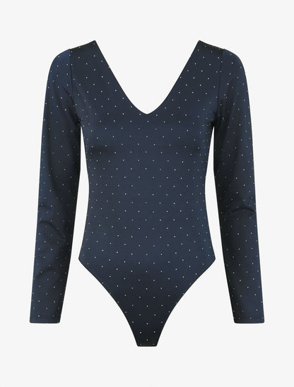 Body uni strassé à col V - Marine - 4