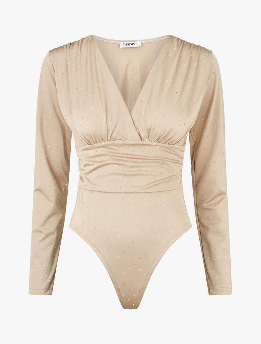 Body uni strassé à col cache-coeur - Beige - 1