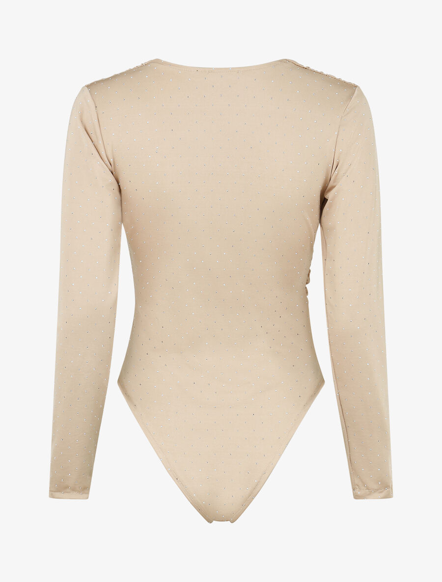 Body uni strassé à col cache-coeur - Beige - 2