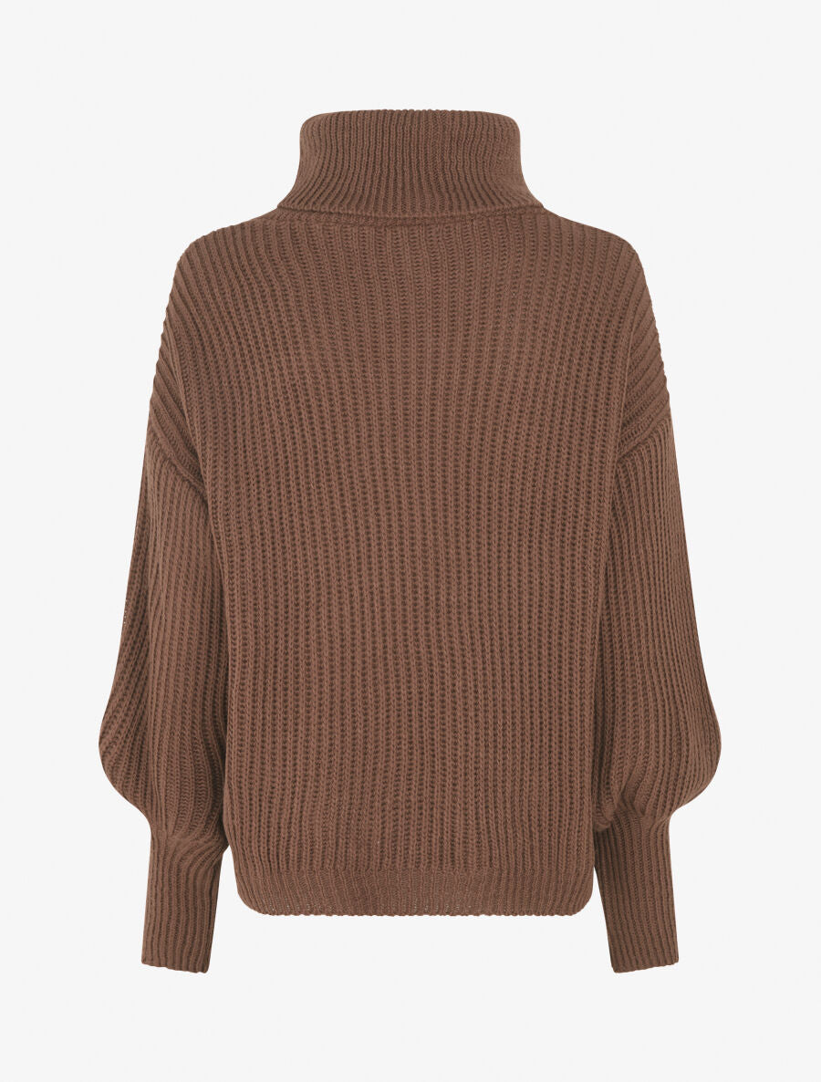 Pull uni en maille à col roulé - Marron - 2