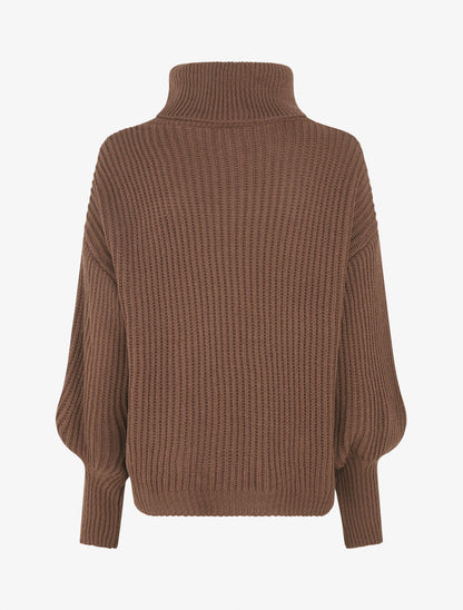 Pull uni en maille à col roulé - Marron - 2