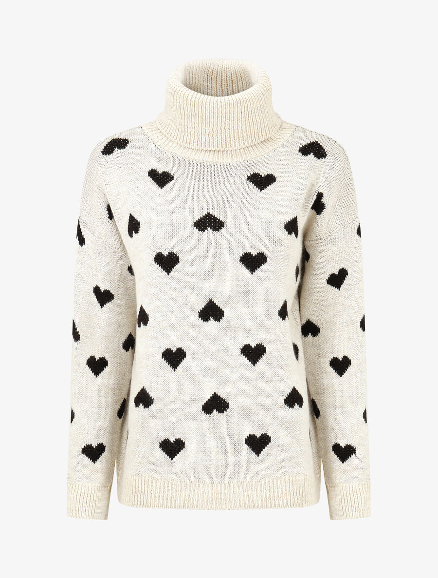 Pull col roulé à imprimé coeurs - Crème - 1