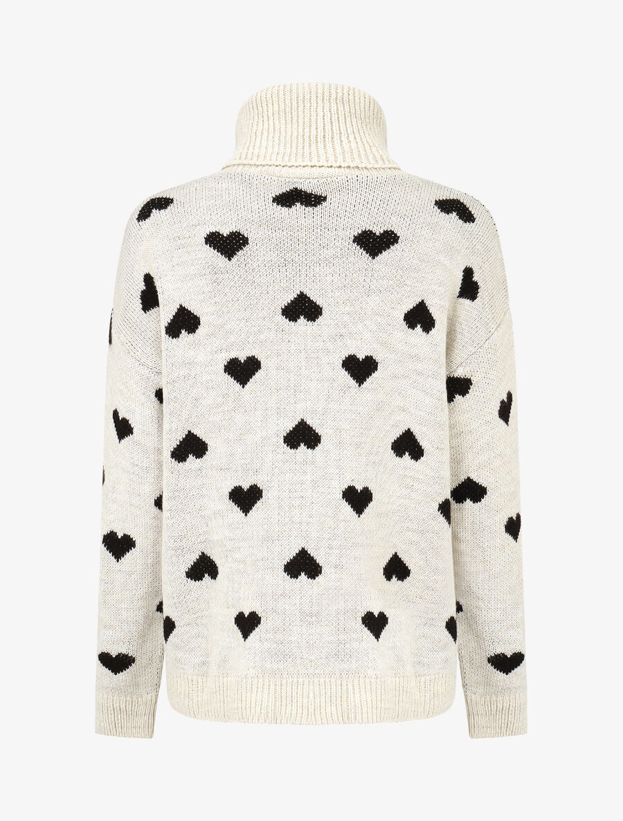 Pull col roulé à imprimé coeurs - Crème - 2