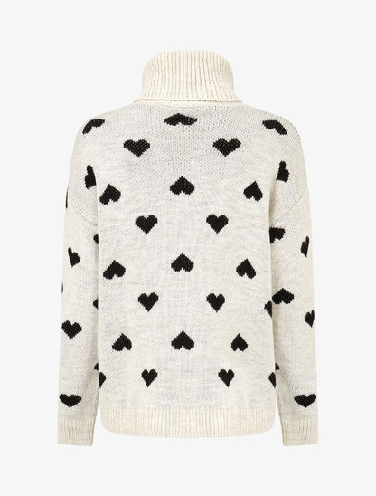Pull col roulé à imprimé coeurs - Crème - 2