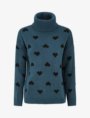 Pull col roulé à imprimé coeurs - Bleu canard - 4