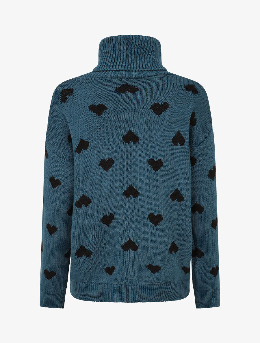Pull col roulé à imprimé coeurs - Bleu canard - 2