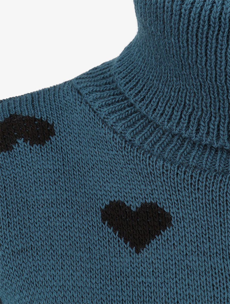 Pull col roulé à imprimé coeurs - Bleu canard - 3