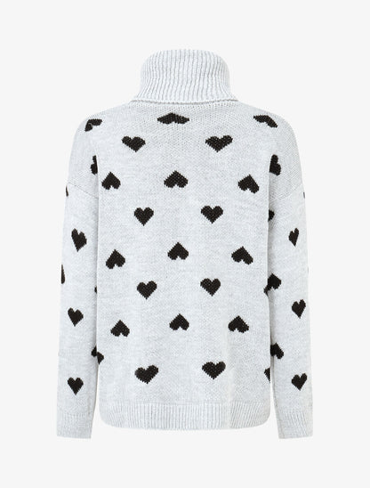 Pull col roulé à imprimé coeurs - Gris - 2