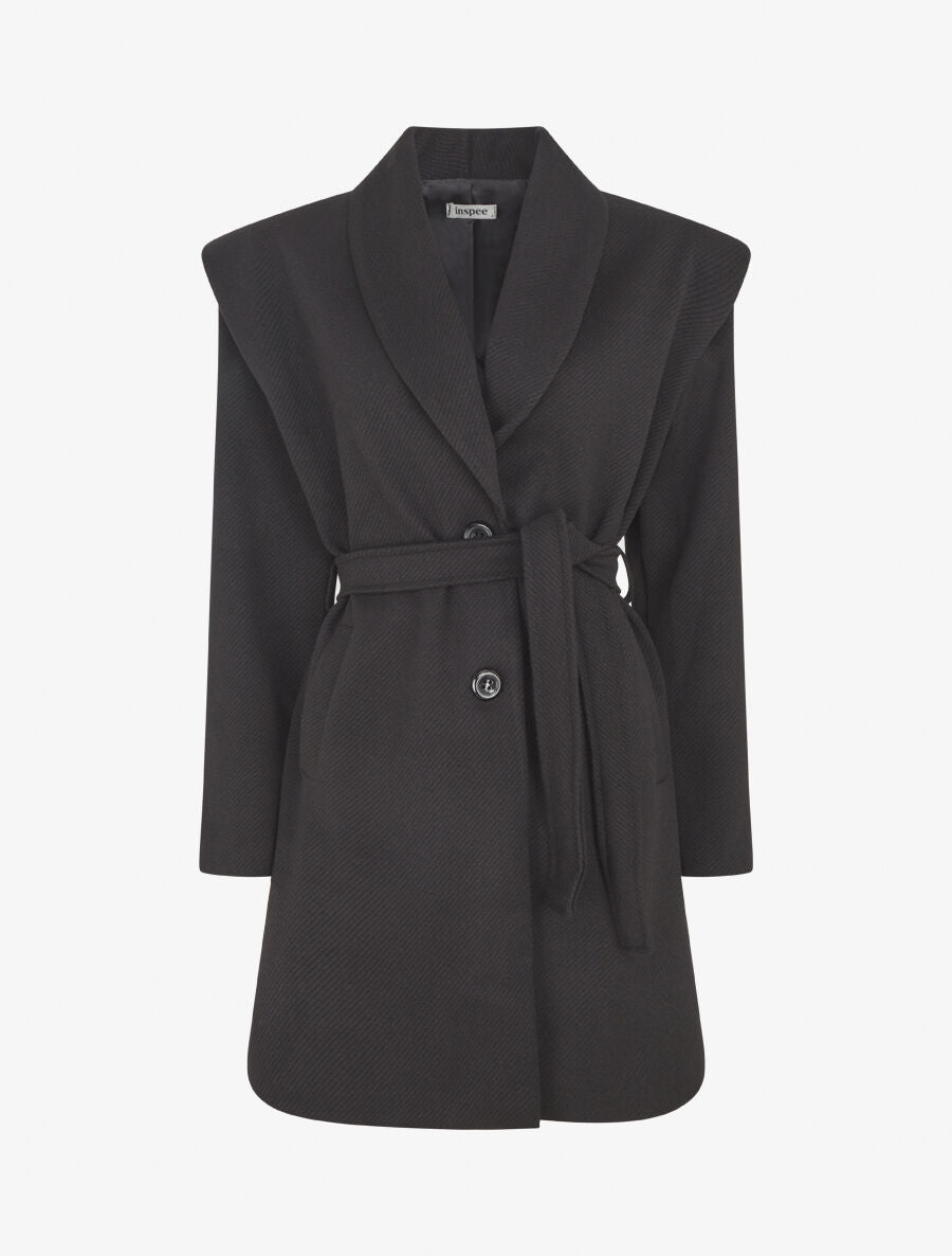 Manteau long boutonné et ceinturé - Noir - 4