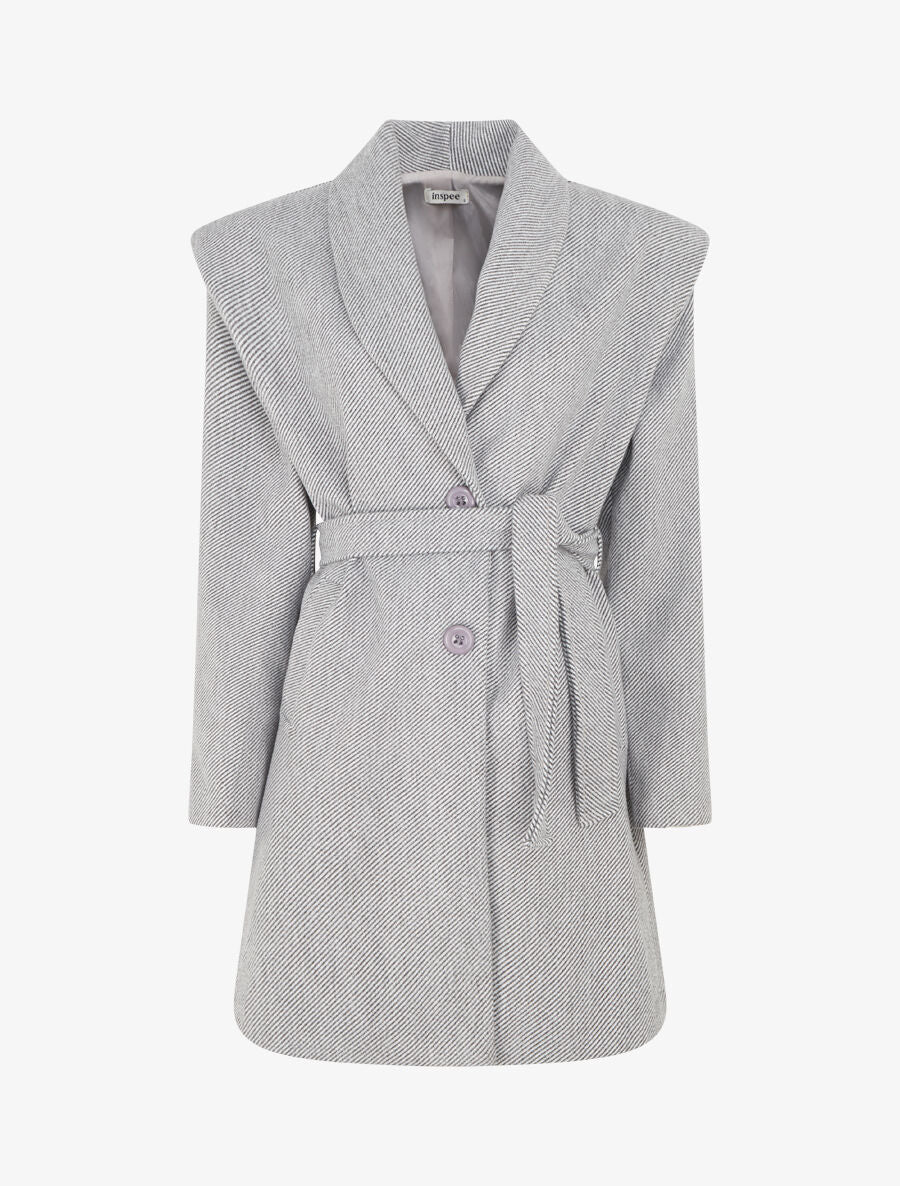 Manteau long boutonné et ceinturé - Gris/noir - 1