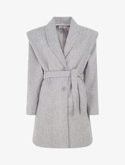 Manteau long boutonné et ceinturé - Gris/noir - 1