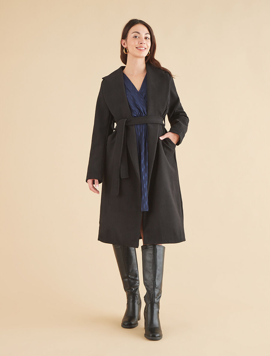 Manteau long uni ceinturé - Noir - 4