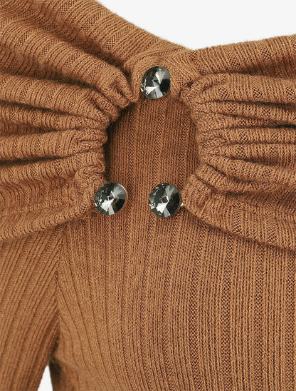 Pull fin côtelé à col bardot - Camel - 3