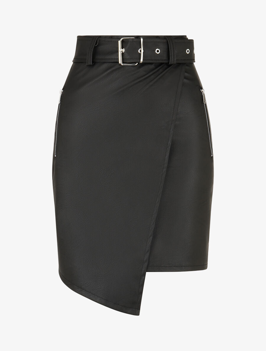 Jupe courte asymétrique en simili - Noir - 1