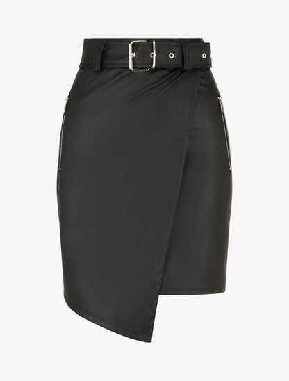 Jupe courte asymétrique en simili - Noir - 1