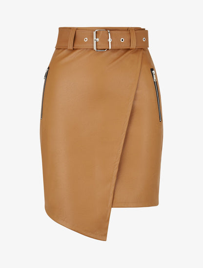 Jupe courte asymétrique en simili - Camel - 1