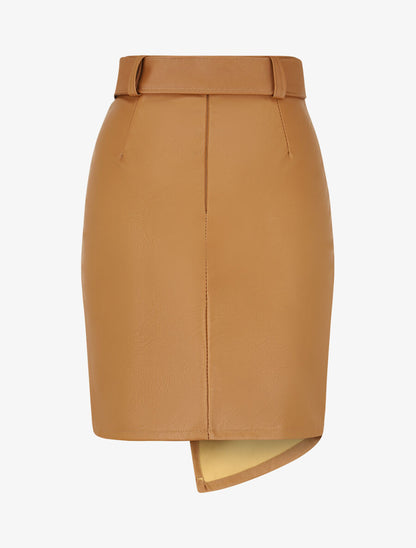 Jupe courte asymétrique en simili - Camel - 2