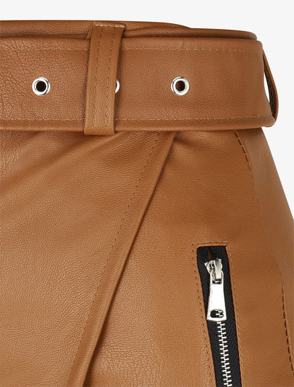 Jupe courte asymétrique en simili - Camel - 3