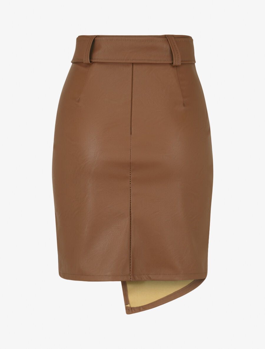 Jupe courte asymétrique en simili - Marron - 2