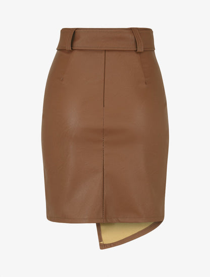 Jupe courte asymétrique en simili - Marron - 2