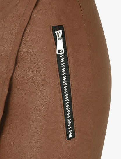 Jupe courte asymétrique en simili - Marron - 3