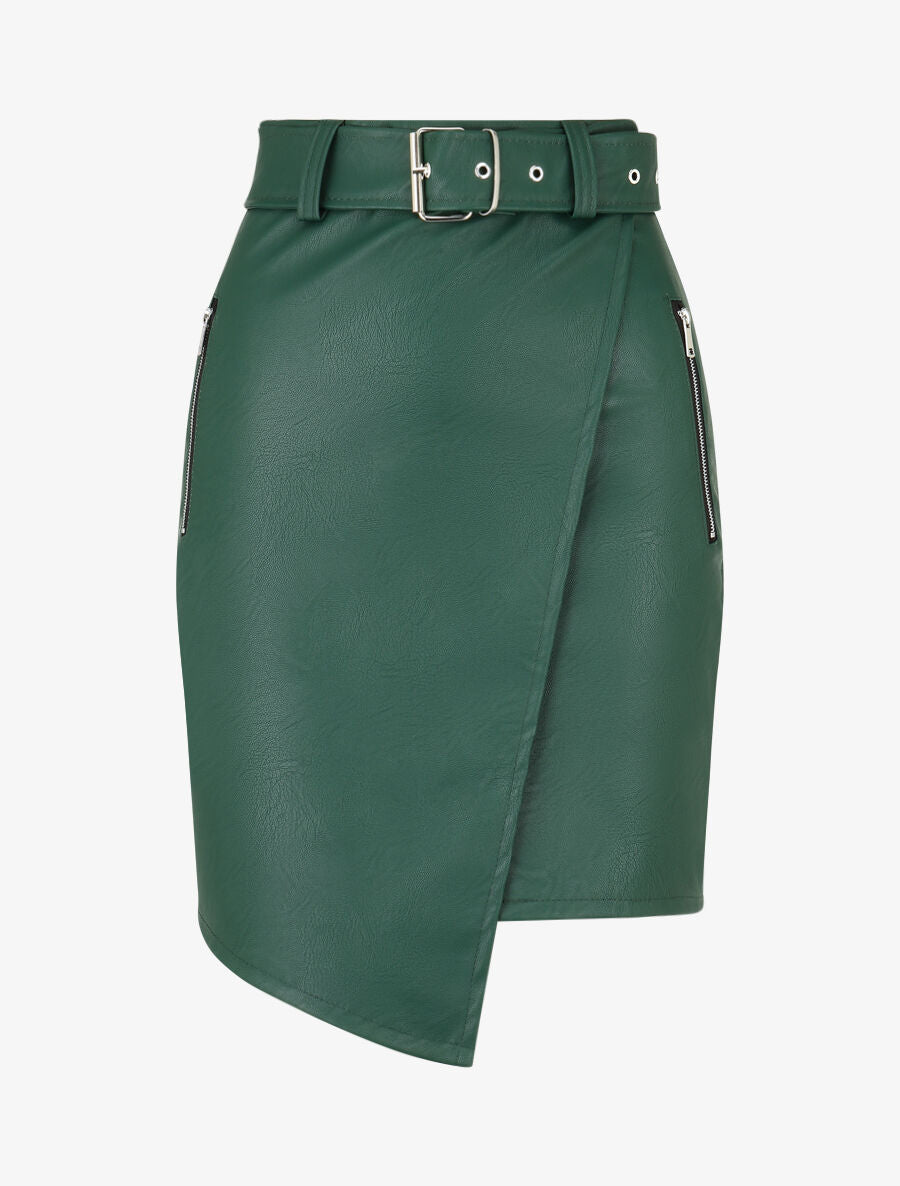 Jupe courte asymétrique en simili - Vert sapin - 1