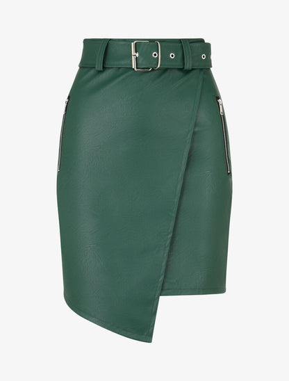 Jupe courte asymétrique en simili - Vert sapin - 1