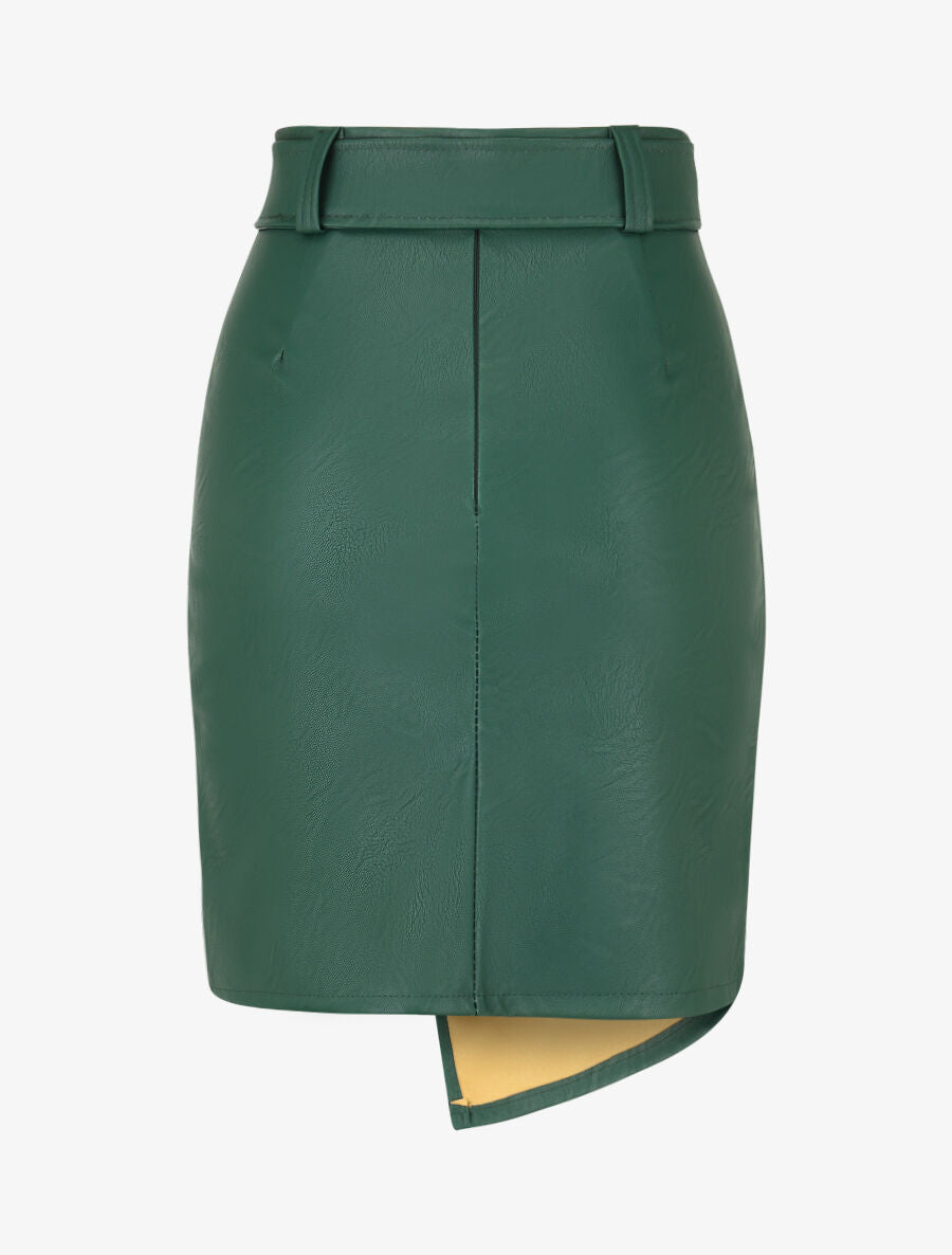 Jupe courte asymétrique en simili - Vert sapin - 2
