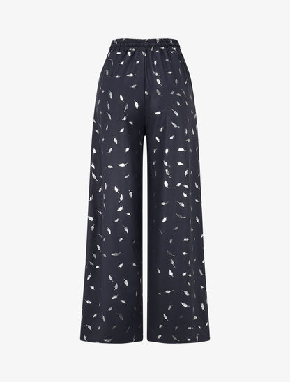 Pantalon élastiqué imprimé plumes irisées - Marine - 2