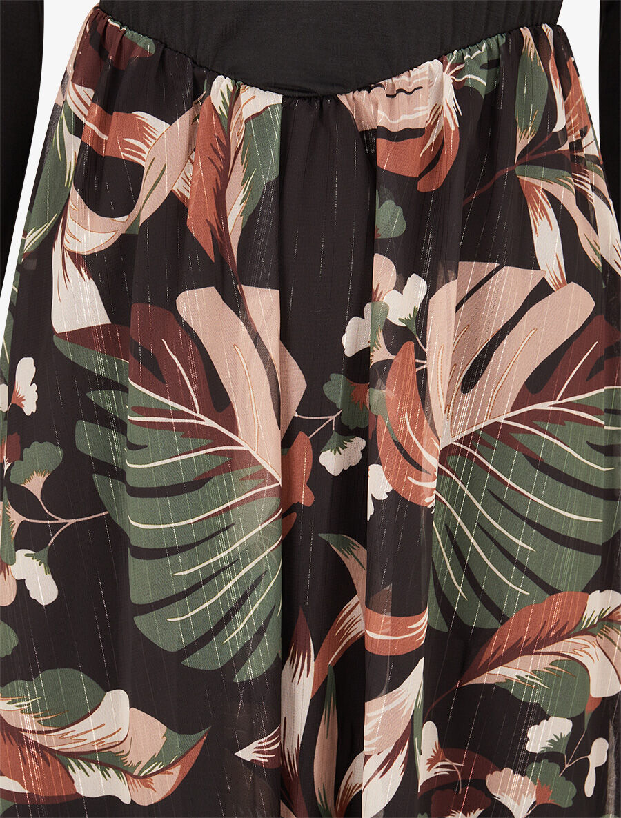 Robe patineuse à jupe imprimé plantes tropicales lamé - Noir - 3
