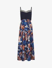 Robe longue à fines bretelles imprimé feuilles - Marine - 1