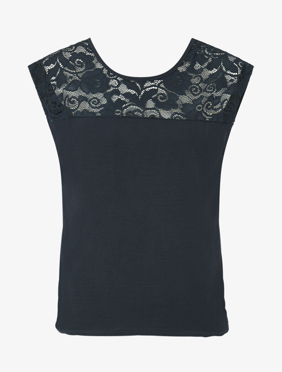 Top droit sans manches col en dentelle - Marine - 4