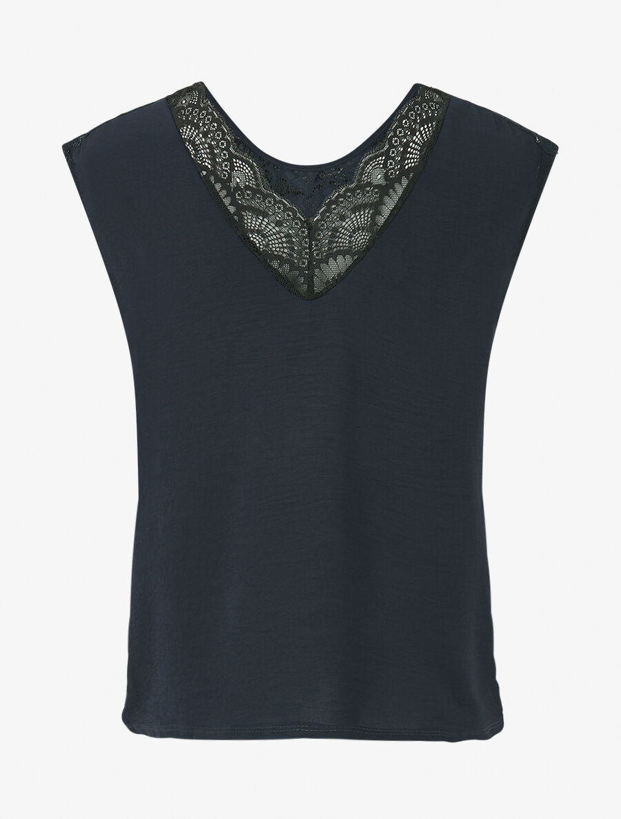 Top droit sans manches col en dentelle - Marine - 2