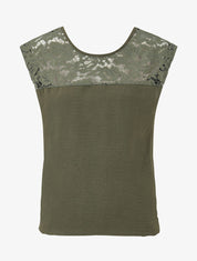 Top droit sans manches col en dentelle - Kaki - 4