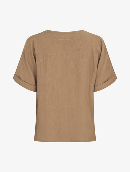 Blouse droite et texturée à col V - Camel - 2