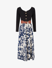 Robe évasée à jupe imprimé fleurs - Marine - 1