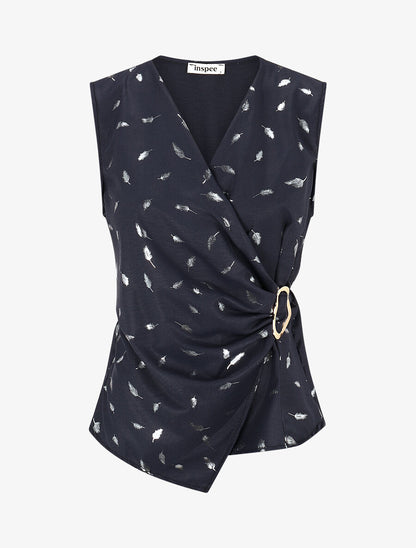 Top droit sans manches flocage plumes irisées - Marine - 1
