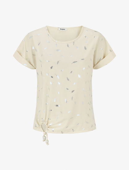 Top imprimé plumes irisées à détail ajouré et pierres - Beige - 1