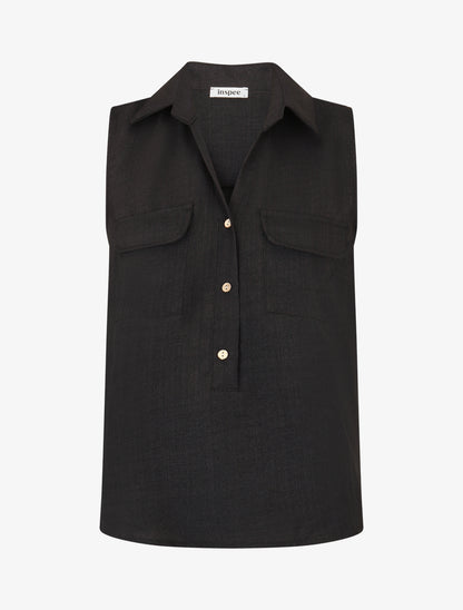 Top uni boutonné effet lin - Noir - 1