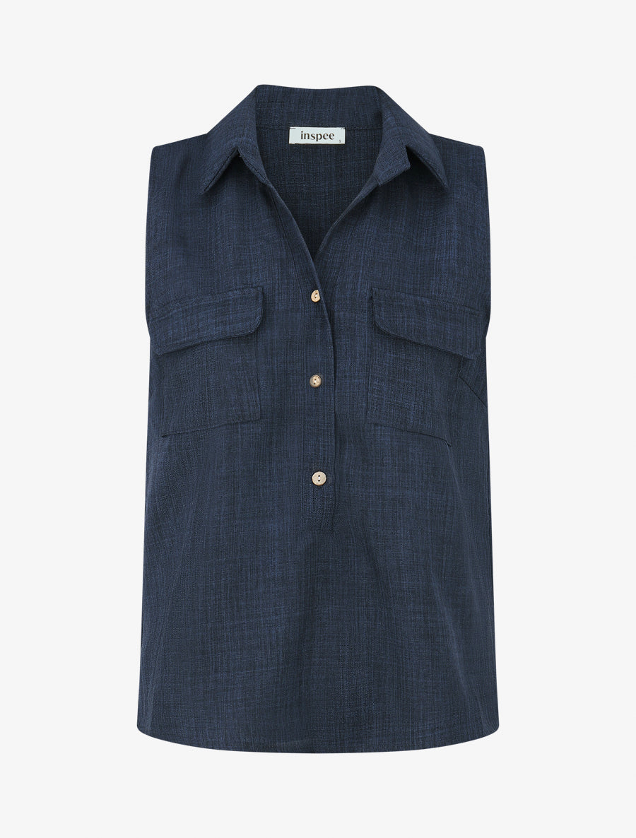 Top uni boutonné effet lin - Marine - 1