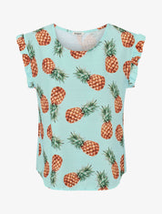 Top à manches volantées imprimé ananas - Turquoise - 1