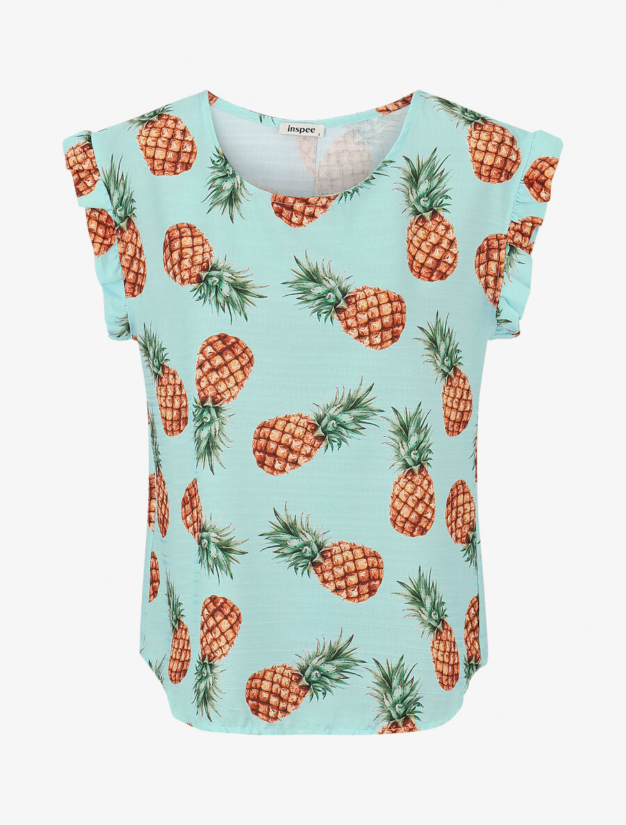 Top à manches volantées imprimé ananas - Turquoise - 1