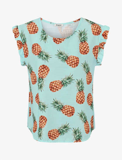 Top à manches volantées imprimé ananas - Turquoise - 1