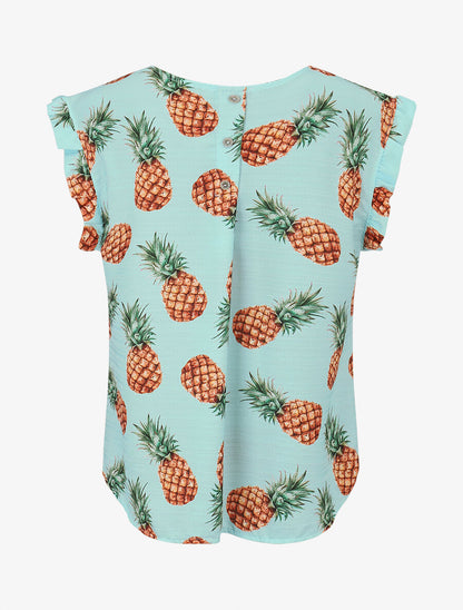 Top à manches volantées imprimé ananas - Turquoise - 2
