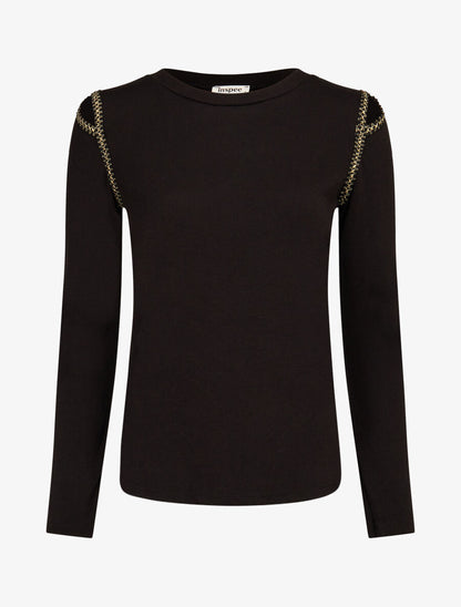 Pull fin à épaules ajourées et empiècements fantaisie - Noir - 1