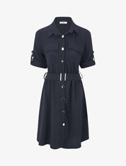 Robe mi-longue unie boutonnée - Marine - 4