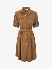 Robe mi-longue unie boutonnée - Camel - 1