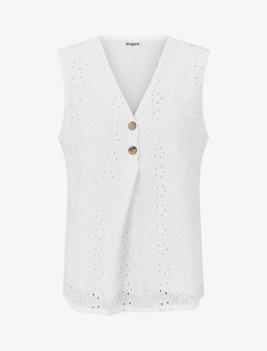 Top uni brodé sans manches - Blanc - 1