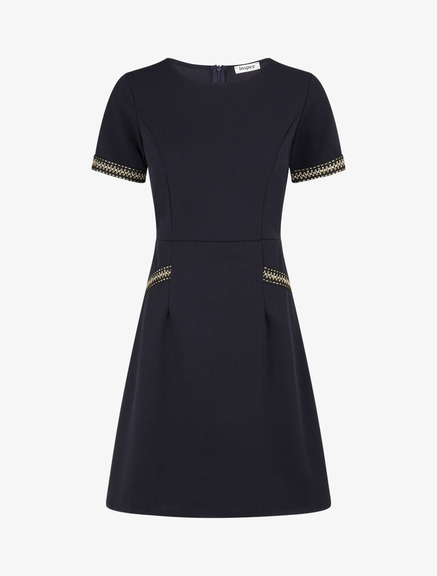 Robe ajustée à broderie dorée - Marine - 1