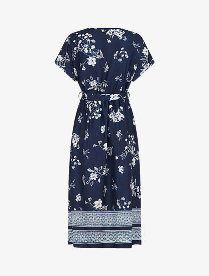 Robe longue manches courtes motif floral - Marine - 2